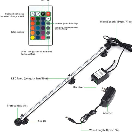 Fish Tank Lights, LED Underwater Aquarium Light, RGB Submersible Aquarium Lights, Waterproof Color Changing Tank Lights Dim Adjustable Remote Control 19 inch