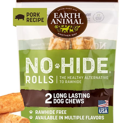 Earth Animal No Hide Chews - Long Lasting Rawhide Free Medium Dog Chews Rolls, Pork - 2 Count