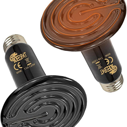 Energy Efficient 60W Reptile Basking Heat Lamp Bulbs, Pack of 2 Ceramic Heat Emitters for Tortoise, Bearded Dragon, Lizard, Iguana, Reptile (Black, 60 Watts)