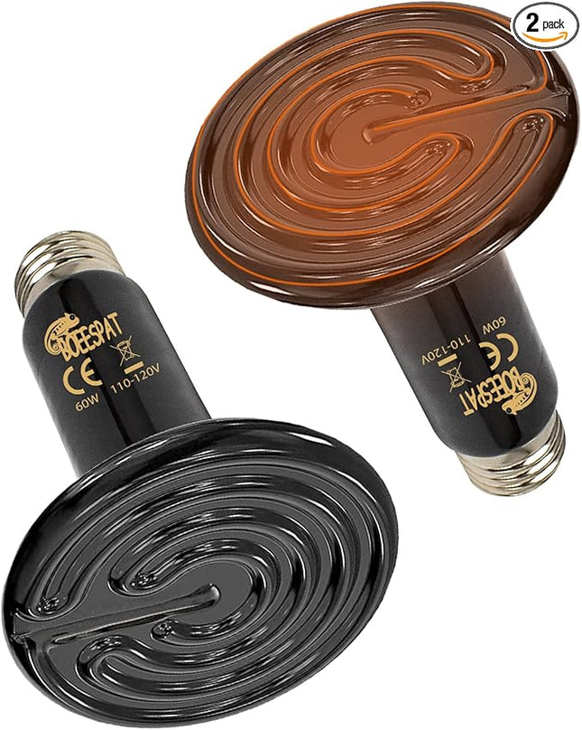 Energy Efficient 60W Reptile Basking Heat Lamp Bulbs, Pack of 2 Ceramic Heat Emitters for Tortoise, Bearded Dragon, Lizard, Iguana, Reptile (Black, 60 Watts)