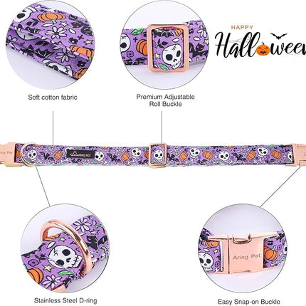 ARING PET Halloween Dog Collar Cute Pumpkin Dog Collar Bowtie, Cotton Purple Skull Bat Dog Collars Daisy Puppy Collars with Metal Buckle