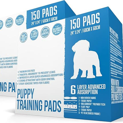 Puppy Pee Pads with Adhesive Sticky Tape (24x24) Large Premium Dog Pads - 6 Layer Dog Training Pads and Pet Wee Pads with Quick-Dry Bullsorbent Tech (300-Count, White)
