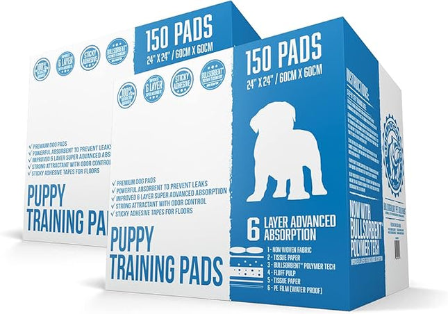 Puppy Pee Pads with Adhesive Sticky Tape (24x24) Large Premium Dog Pads - 6 Layer Dog Training Pads and Pet Wee Pads with Quick-Dry Bullsorbent Tech (300-Count, White)