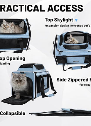 Cat Carrier Top-Expandable 18x11x11, United Delta American Airline Approved Dog Carrier, Soft Pet Carry-On Bag Underseat in Cabin, Puppy Air Travel Crate Kitten TSA Plane Carrying Case Blue