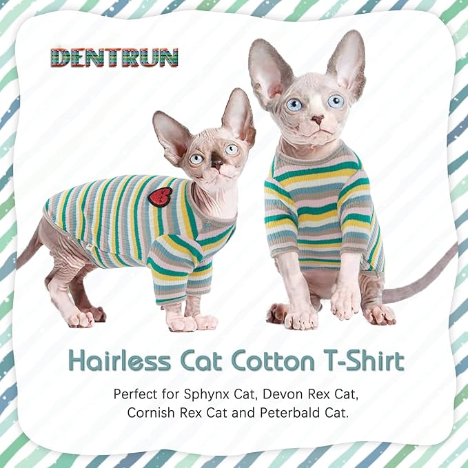 DENTRUN Hairless Cats Shirt Breathable Cat Daily Wear Clothes Stripe Vest Adorable Pajamas Jumpsuit Soft & Skin-Friendly