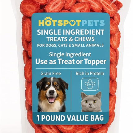 hotspot pets Freeze Dried Strawberry Treats for Small Animals, Cats & Dogs - Reasealable 1lb Big Bag Single Ingredient All Natural- Perfect for Training, Small Reward or Snack