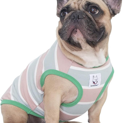 iChoue English Bulldog T Shirts 100% Cotton Striped Clothes for Medium Dogs Tank Tops Vest Large French Frenchie Pug Boston Terrier Pitbull Summer Pink Stripes - XL
