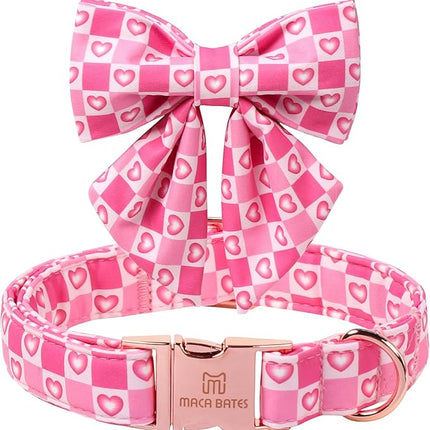 Maca Bates Valentine's Day Dog Collar with Sailor Bow for Extra Large Girl Boy Dogs,Checkered Pink Love Hearts Pattern,Adjustable Durable Soft Plaid Valentine Gift for Female Male Puppy