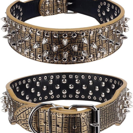 Hoot PU Leather Adjustable Spiked Studded Dog Collar 2" Wide 25 Spikes (XS(Neck 15"-18"), Golden)