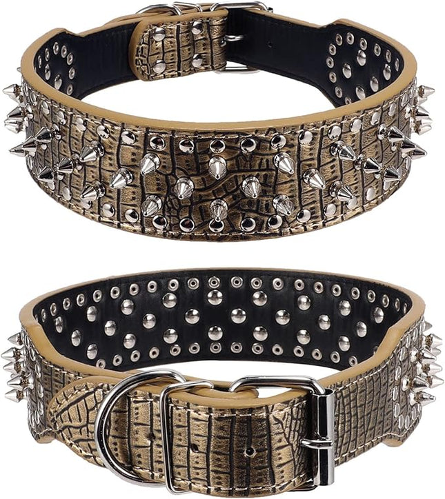 Hoot PU Leather Adjustable Spiked Studded Dog Collar 2" Wide 25 Spikes (XS(Neck 15"-18"), Golden)