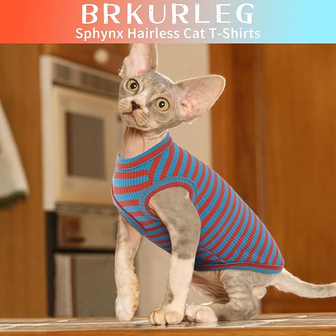 BRKURLEG Hairless Cats T Shirt, Cat Sweaters, Pullover Kitten Shirts, Sleeveless Round Collar Cotton Vest for Cornish Rex Devon Rex Peterbald and Small Dogs Sweater(OrangeBlue Stripes, S)