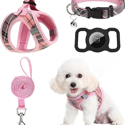 EXPAWLORER Classic Plaid Puppy Harness - Small Dog Harness and Leash Set - Dog Collar and Leash Set with AirTag Holder, Soft Padded Step in Dog Vest Harness No Pull Reflective for Outdoor, Pink M