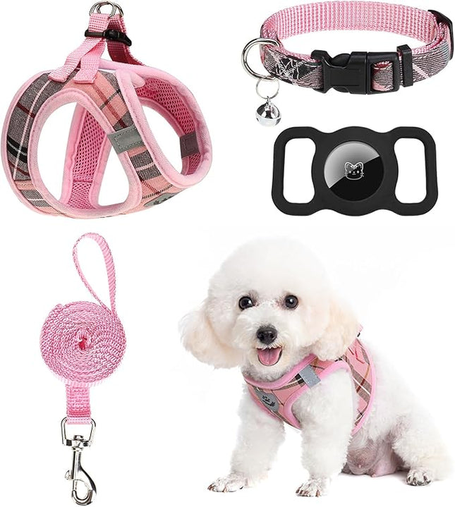 EXPAWLORER Classic Plaid Puppy Harness - Small Dog Harness and Leash Set - Dog Collar and Leash Set with AirTag Holder, Soft Padded Step in Dog Vest Harness No Pull Reflective for Outdoor, Pink S