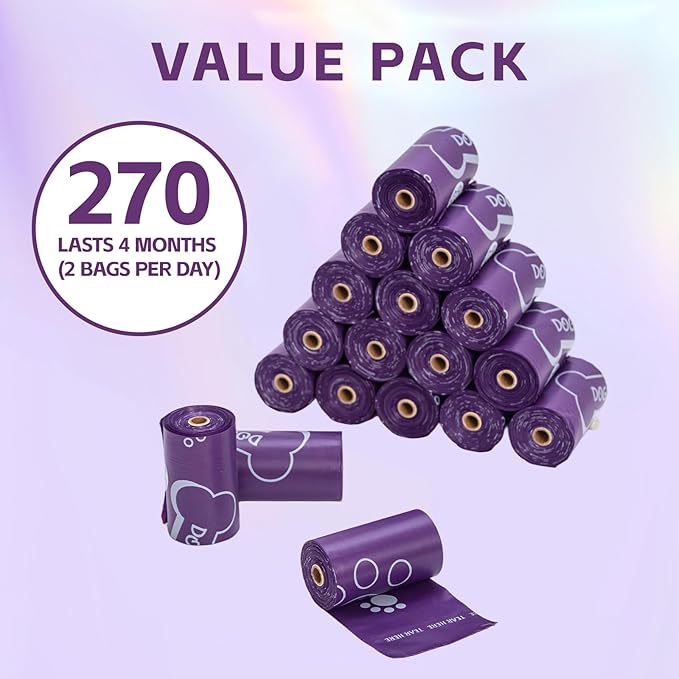 270 Count Scented Dog Poop Bags Rolls, 20 Micron Ultra Thick, Heavy Duty Tear Resistant Leak Proof for Yuck-Free Cleanup, Includes Dispenser & Leash Clip, 9 x 13 Inch, Pawsome Doodle (Purple)