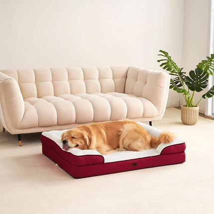 EHEYCIGA Orthopedic XL Dog Beds, Waterproof Memory Foam Dog Bed for Extra Large Dogs, Non-Slip Bottom and Egg-Crate Foam Big Pet Couch Bed with Washable Removable Cover,Red