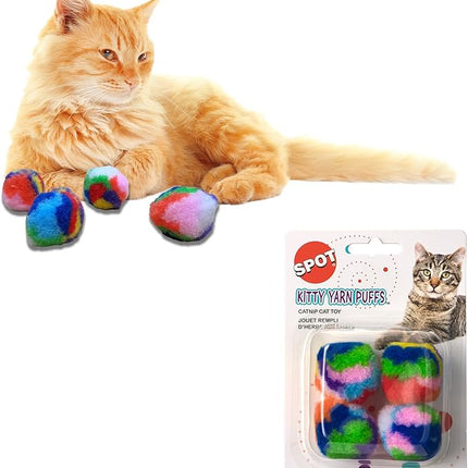 Ethical SPOT Kitty Yarn Puffs Colorful Woolen Yarn Cat Toy Contains Catnip 1.5" Pack of 4 Pet