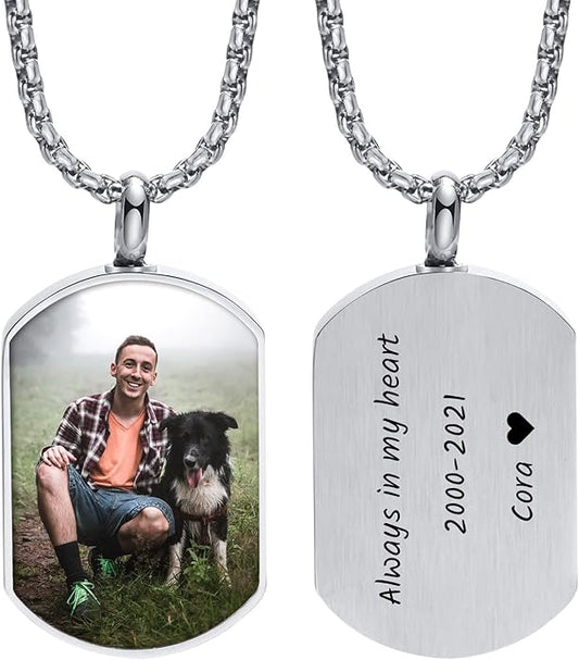 VNOX Personalized Customizable Photo Text Cremation Urn Necklace for Ashes Holder Dog Tag Pendant Family Pet Memorial Keepsake Jewelry for Men Women