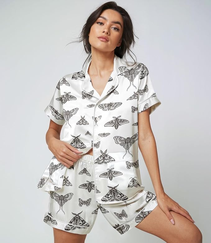 Women’s Silk Satin Pajama Set, Short Sleeve Button Down 2 Piece PJs with Shorts, Cozy Loungewear & Matching Holiday Pajamas