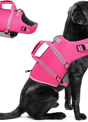 Queenmore XXL Dog Life Jacket, Floating Vest for Boating, Lightweight Adjustable Reflective Lifesaver with Back Zip, Rescue Handle, Leash Hook (Fuchsia XXL)