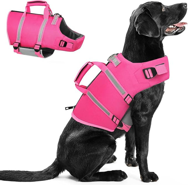 Queenmore Large Dog Life Jacket, Floating Vest for Swimming and Boating, Lightweight Adjustable Reflective Lifesaver With Back Zip, Rescue Handle, Leash Hook (Fuchsia L)