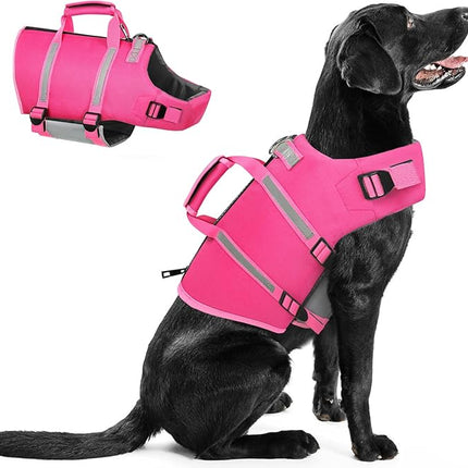 Queenmore Medium Dog Life Jacket,Dog Life Vest for Swimming,Dog Floating Vest for Boating,Pet Puppy Lightweight Adjustable Reflective Lifesaver Vest with Back Zip,Rescue Handle,Leash Hook(Fuchsia M)
