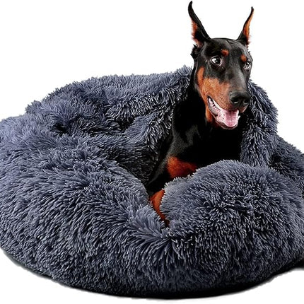 Himax Dog Beds for Large Dogs, Donut Dogs Beds with Blanket Attached, Calming Dog Bed Washable (20"/26"/35") Grey