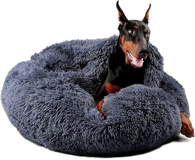 Himax Dog Beds for Large Dogs, Donut Dogs Beds with Blanket Attached, Calming Dog Bed Washable (20"/26"/35") Grey