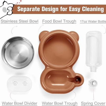 Dog Bowls, Cat Food and Water Bowl Set with Water Dispenser and Stainless Steel Bowl for Cats and Small Dogs - Brown