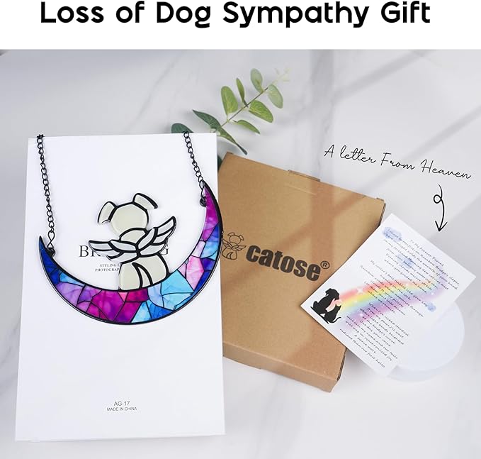 Stained Glass Angle Dog Memorial Suncatcher for Loss of Dog Sympathy Gifts, Dog Memorial Gifts with Sympathy Card, Dog Remembrance Gifts for Pet Lovers, Dog on Moon Ornaments for Window Hanging