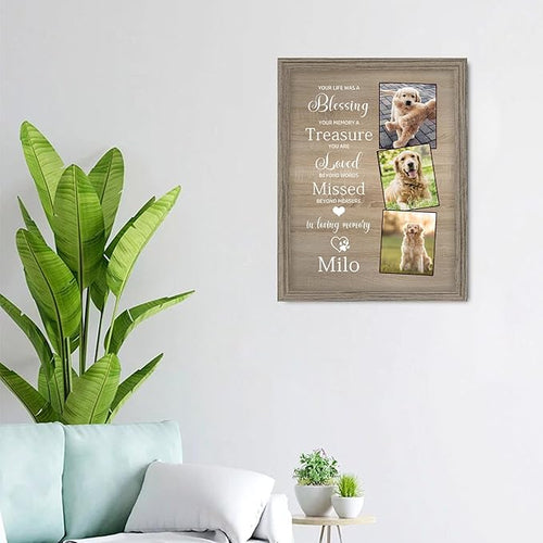 Custom Dog Memorial Gifts, Dog Memorial Canvas Framed with Photo, Personalized Paw Prints with Name and Text, Dog Loss Sympathy Ornament Gift for Dog Cat Lover Owners