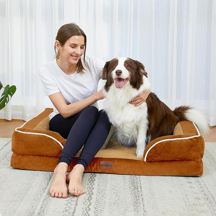 Comfort Expression Orthopedic Dog Bed for Large Dogs 38x25 Inch, Waterproof Supportive Egg Crate Foam Large Pet Bed with Removable Bolsters, Dog Couch with Washable Cover & Non-Slip Bottom, Orange