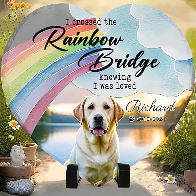 Personalized Pet Memorial Stone - Custom Dog Grave Marker with Name & Photo - Sympathy Gifts for Loss of Beloved Dog - Cemetery Decor - Rainbow Bridge Memorial for Dogs (Style B)