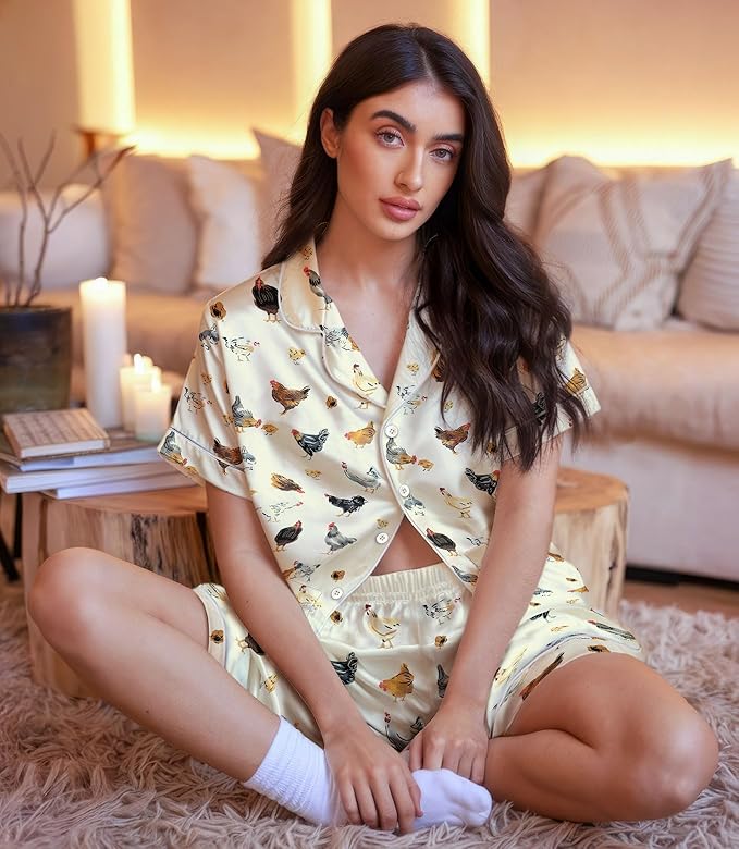 Women’s Silk Satin Pajama Set, Short Sleeve Button Down 2 Piece PJs with Shorts, Cozy Loungewear & Matching Holiday Pajamas