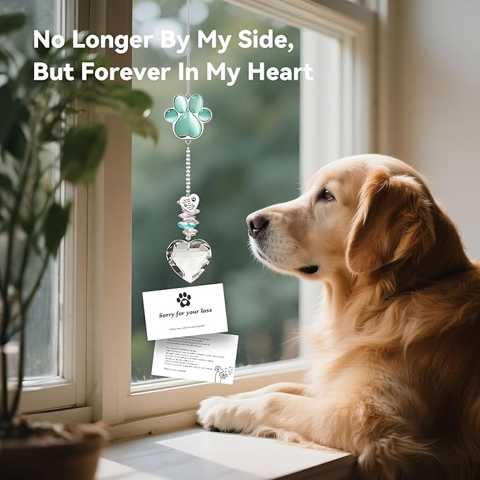Pet Memorial Suncatcher - Loss of Dog Sympathy Gift, Pet Memorial Gifts for Dogs, Thoughtful Dogs and Cats Bereavement Remembrance Gifts, Gemstone Paw Crystal Suncatcher(Jade)