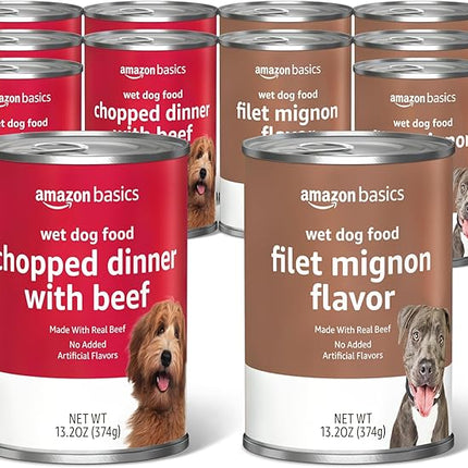 Amazon Basics Chopped Ground Dinner Wet Dog Food Variety Pack, Filet Mignon Flavor and with Beef, Made with Natural Ingredients, 13.2oz Cans (Pack of 12)
