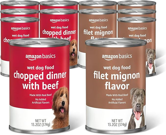 Amazon Basics Chopped Ground Dinner Wet Dog Food Variety Pack, Filet Mignon Flavor and with Beef, Made with Natural Ingredients, 13.2oz Cans (Pack of 12)