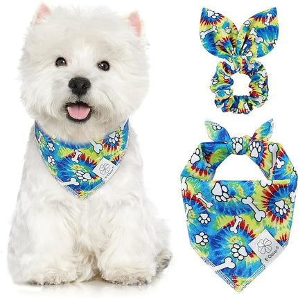 E-Clover Rainbow Dog Bandanas & Matching Scrunchie Set Girl Cute Pride Dog Scarf Bibs Pet Bandana with Bow Tie for Small Dogs Puppy Owner Mom Spring