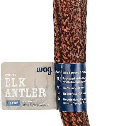 Amazon Brand - Wag Dog Elk Antler Chew, Naturally Shed, Whole, Large 8-9.5 inches, Long Lasting for Aggressive Chewers, Best for Dogs 30-45 lbs, 3.60 Ounce (Pack of 1)