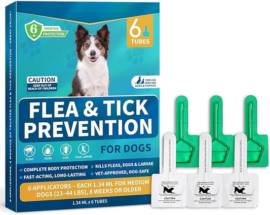 Flea and Tick Prevention for Medium Dogs, 6-Month Supply Dog Flea and Tick Treatment Drops, Topical Fast-Acting Dog Treatment for Medium Dogs Up to 23 to 44 lbs