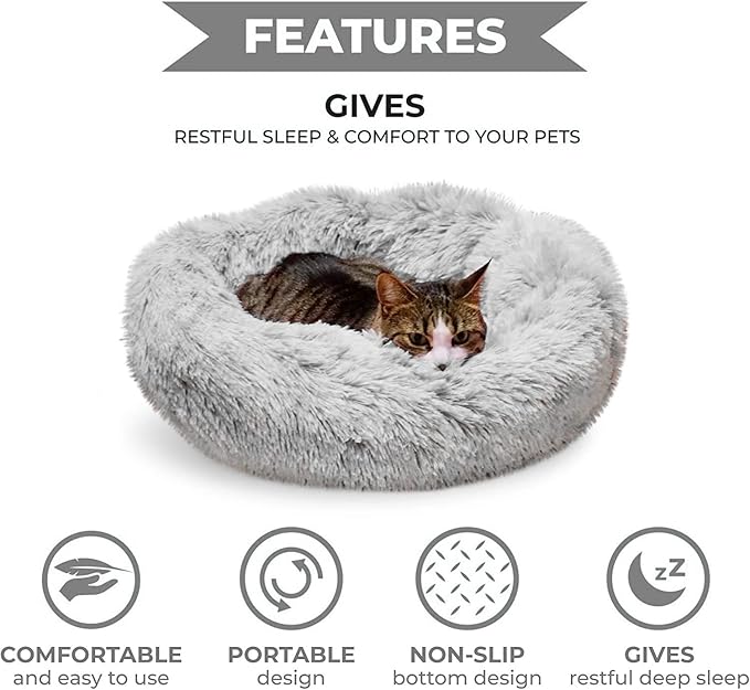 Whiskers & Friends Cat Bed, Cat Beds for Indoor Cats Washable, Orthopedic Soft Fluffy Round Calming Pet Bed for Small to Large Kitty Kittens & Dogs, Small Dog Beds & Furniture - with Blanket