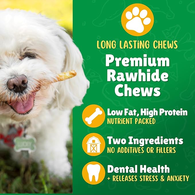 Chicken Basted Rawhide Twist Sticks Dog Treats – 125ct. Premium Rawhide Chew Sticks – Long Lasting Chicken Flavored Chews for Small Dogs Made in USA with Natural Beef Hide
