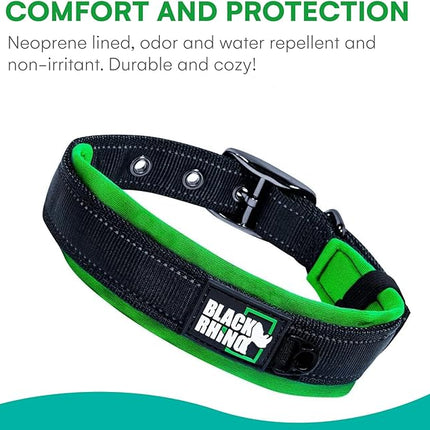 Black Rhino Extra Large Dog Collars - Adjustable Reflective Heavy Duty Wide Dog Collar with Ultra-Soft Neoprene Padding - Weatherproof, Durable, and Comfortable for Active Dogs - Green and Black