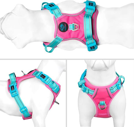 PHOEPET No Pull Dog Harness, Unique Colors Reflective Adjustable Dog Vest, with Soft Training Handle Metal Clips for Small Medium Large Dogs (Pink Base & Green Straps,S)