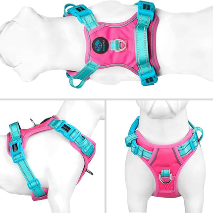 PHOEPET No Pull Dog Harness, Unique Colors Reflective Adjustable Dog Vest, with Soft Training Handle Metal Clips for Small Medium Large Dogs (Pink Base & Green Straps,M)