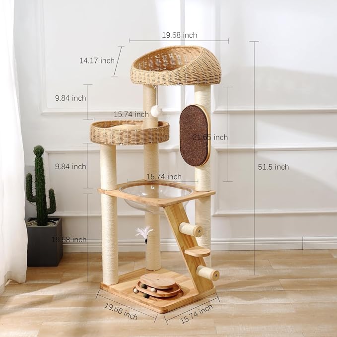 Cat Tree, Modern Cat Tree Tower with Space Capsule, Hand-Woven Basket Nest, Sisal Posts & Scratching Board, 50 Inch Heavy-Duty Multi-Level Indoor Wood Tower