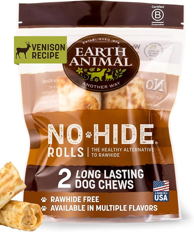 Earth Animal No Hide Chews - Long Lasting Rawhide Free Small Dog Chews Rolls, Venison - 2 Count
