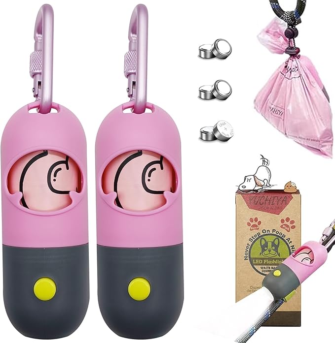 Dog Poop Bags Holder with LED Flashlight|Pet Waste Bags Dispenser for Leash|Doggie Potty Bags Container with Leak-proof Pet Trash Bags and Accessories (2 Holders 30 Bags, Pink)
