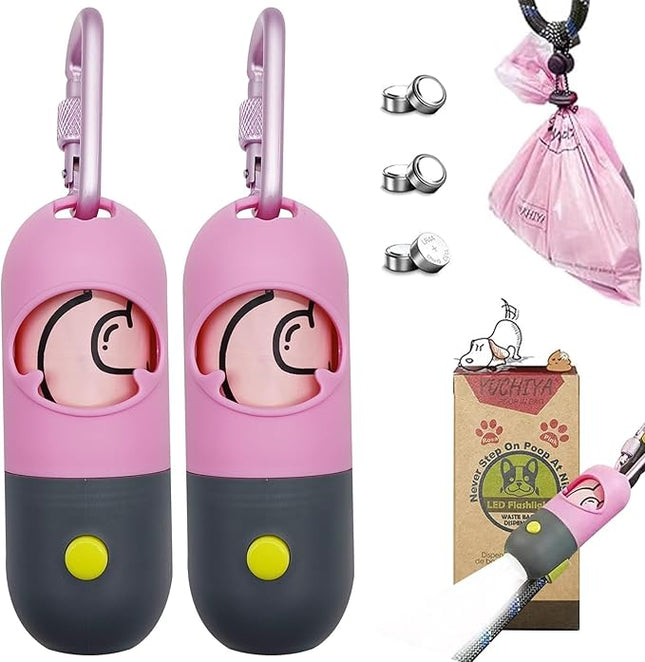 Dog Poop Bags Holder with LED Flashlight|Pet Waste Bags Dispenser for Leash|Doggie Potty Bags Container with Leak-proof Pet Trash Bags and Accessories (2 Holders 30 Bags, Pink)