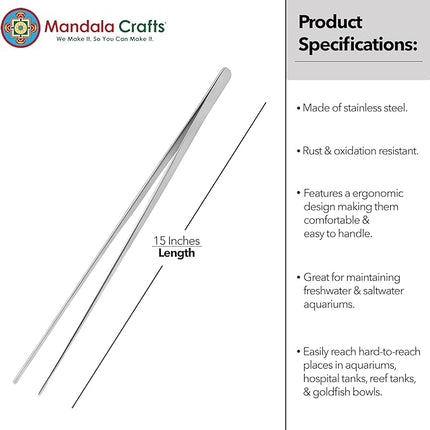Mandala Crafts 15 Inches Silver Stainless Steel Straight Aquarium Tweezers for Aquatic Plants – Long Aquascape Forceps for Fish Tanks, Hospital Tanks, Goldfish Bowls, and Terrariums