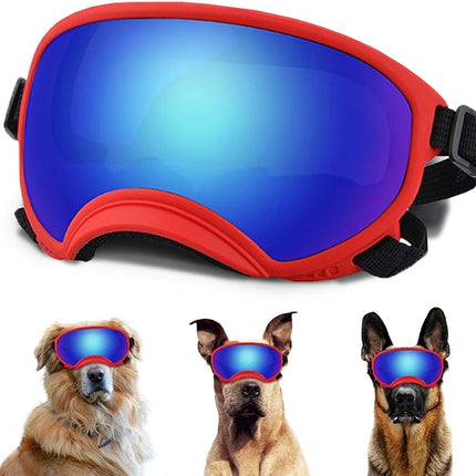 Large Dog Sunglasses with Adjustable Strap UV Protection, Winproof Puppy Sunglasses, Suitable for Medium-Large Pet Glasses, Dogs Eyes Soft Goggles, RedBlue